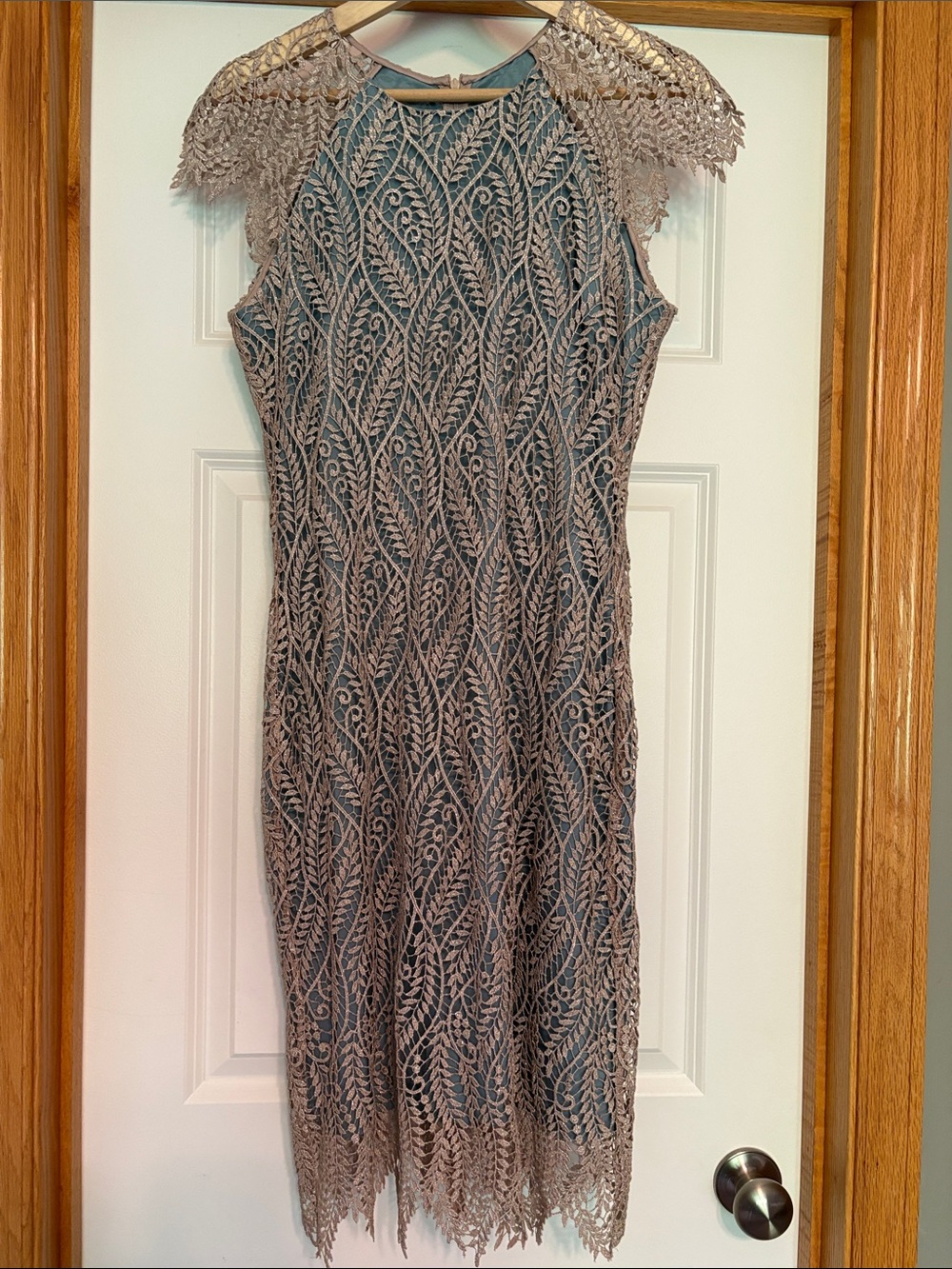 Sleeveless Taupe Lace Sheath Dress